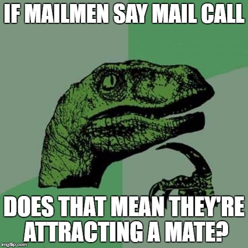 Philosoraptor Meme | IF MAILMEN SAY MAIL CALL; DOES THAT MEAN THEY'RE ATTRACTING A MATE? | image tagged in memes,philosoraptor | made w/ Imgflip meme maker