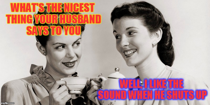 VINTAGE HOUSEWIVES | WHAT'S THE NICEST THING YOUR HUSBAND SAYS TO YOU; WELL, I LIKE THE SOUND WHEN HE SHUTS UP | image tagged in meme,funny,marriage,vintage housewives,men and women | made w/ Imgflip meme maker