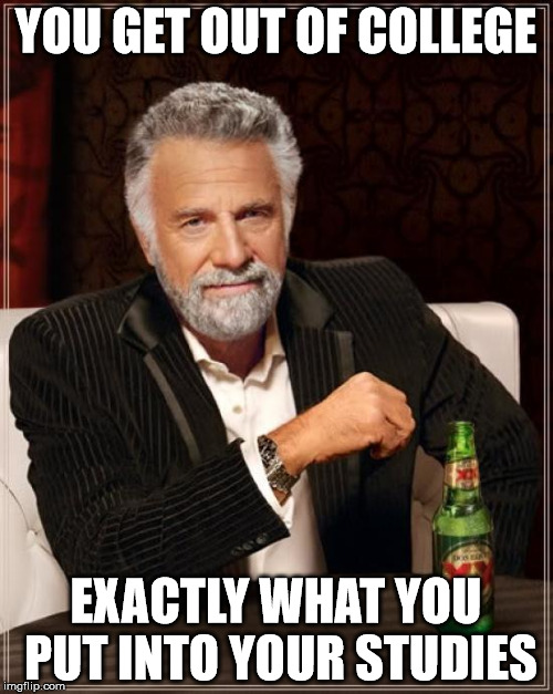 The Most Interesting Man In The World Meme | YOU GET OUT OF COLLEGE EXACTLY WHAT YOU PUT INTO YOUR STUDIES | image tagged in memes,the most interesting man in the world | made w/ Imgflip meme maker
