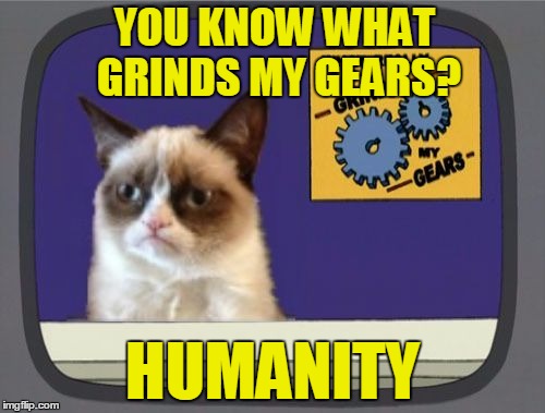Straight Out of the Cat's Mouth | YOU KNOW WHAT GRINDS MY GEARS? HUMANITY | image tagged in grumpy cat grinds my gears,memes,grumpy cat,grinds my gears,antisocial,misanthropy | made w/ Imgflip meme maker