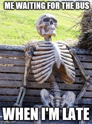 Waiting Skeleton | ME WAITING FOR THE BUS; WHEN I'M LATE | image tagged in memes,waiting skeleton | made w/ Imgflip meme maker