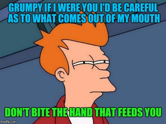 Futurama Fry Meme | GRUMPY IF I WERE YOU I'D BE CAREFUL AS TO WHAT COMES OUT OF MY MOUTH DON'T BITE THE HAND THAT FEEDS YOU | image tagged in memes,futurama fry | made w/ Imgflip meme maker