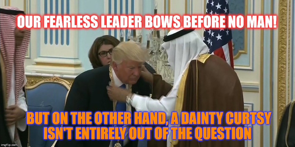 Dippin Dandy Donald | OUR FEARLESS LEADER BOWS BEFORE NO MAN! BUT ON THE OTHER HAND, A DAINTY CURTSY ISN'T ENTIRELY OUT OF THE QUESTION | image tagged in donald trump | made w/ Imgflip meme maker