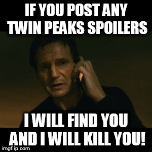 Liam Neeson Taken | IF YOU POST ANY TWIN PEAKS SPOILERS; I WILL FIND YOU AND I WILL KILL YOU! | image tagged in memes,liam neeson taken | made w/ Imgflip meme maker