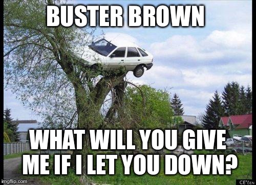 car in tree | BUSTER BROWN; WHAT WILL YOU GIVE ME IF I LET YOU DOWN? | image tagged in car in tree | made w/ Imgflip meme maker