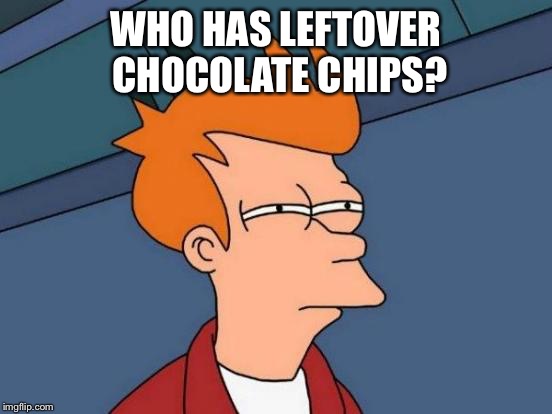 Futurama Fry Meme | WHO HAS LEFTOVER CHOCOLATE CHIPS? | image tagged in memes,futurama fry | made w/ Imgflip meme maker