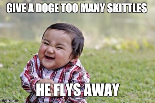 Evil Toddler Meme | GIVE A DOGE TOO MANY SKITTLES HE FLYS AWAY | image tagged in memes,evil toddler | made w/ Imgflip meme maker