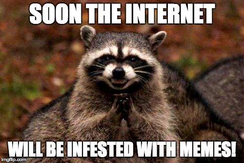 Evil Plotting Raccoon | SOON THE INTERNET; WILL BE INFESTED WITH MEMES! | image tagged in memes,evil plotting raccoon | made w/ Imgflip meme maker