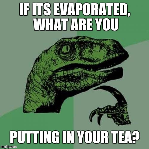 Philosoraptor Meme | IF ITS EVAPORATED, WHAT ARE YOU PUTTING IN YOUR TEA? | image tagged in memes,philosoraptor | made w/ Imgflip meme maker