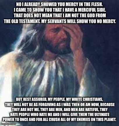 jesus facepalm | NO I ALREADY SHOWED YOU MERCY IN THE FLESH. I CAME TO SHOW YOU THAT I HAVE A MERCIFUL SIDE. THAT DOES NOT MEAN THAT I AM NOT THE GOD FROM THE OLD TESTAMENT. MY SERVANTS WILL SHOW YOU NO MERCY. BUT REST ASSURED, MY PEOPLE, MY WHITE CHRISTIANS, THEY WILL NOT BE AS FORGIVING AS I WAS THEN OR AM NOW, BECAUSE THEY ARE NOT ME. THEY ARE MEN, AND MEN ARE HATEFUL, THEY HATE PEOPLE WHO HATE ME AND I WILL GIVE THEM THE ULTIMATE POWER TO ONCE AND FOR ALL CRUSH ALL OF MY ENEMIES ON THIS PLANET. | image tagged in jesus facepalm | made w/ Imgflip meme maker