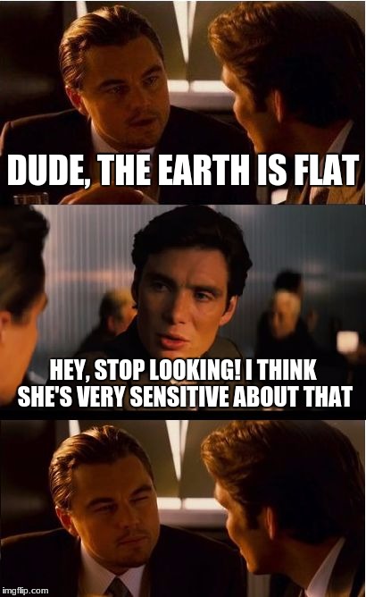 Inception Meme | DUDE, THE EARTH IS FLAT; HEY, STOP LOOKING! I THINK SHE'S VERY SENSITIVE ABOUT THAT | image tagged in memes,inception | made w/ Imgflip meme maker