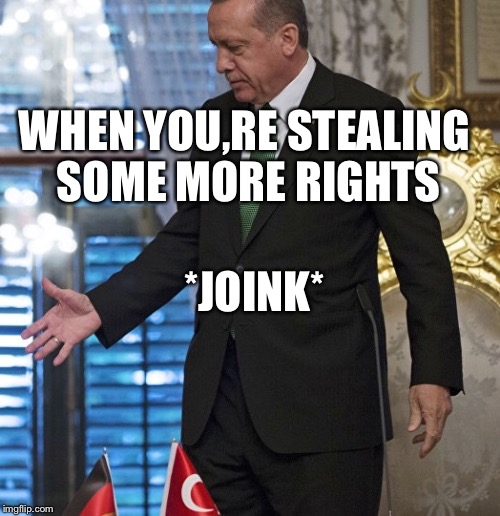 WHEN YOU,RE STEALING SOME MORE RIGHTS; *JOINK* | image tagged in erdogan almost shaking hands | made w/ Imgflip meme maker