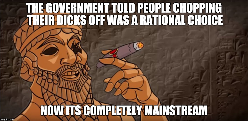 THE GOVERNMENT TOLD PEOPLE CHOPPING THEIR DICKS OFF WAS A RATIONAL CHOICE NOW ITS COMPLETELY MAINSTREAM | made w/ Imgflip meme maker