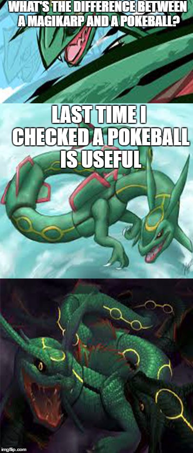 Bad Pun Rayquaza | WHAT'S THE DIFFERENCE BETWEEN A MAGIKARP AND A POKEBALL? LAST TIME I CHECKED A POKEBALL IS USEFUL | image tagged in bad pun rayquaza | made w/ Imgflip meme maker