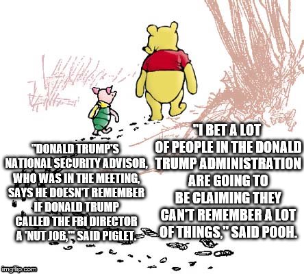 pooh | "I BET A LOT OF PEOPLE IN THE DONALD TRUMP ADMINISTRATION ARE GOING TO BE CLAIMING THEY CAN'T REMEMBER A LOT OF THINGS," SAID POOH. "DONALD TRUMP'S NATIONAL SECURITY ADVISOR, WHO WAS IN THE MEETING, SAYS HE DOESN'T REMEMBER IF DONALD TRUMP CALLED THE FBI DIRECTOR A 'NUT JOB,'" SAID PIGLET. | image tagged in pooh | made w/ Imgflip meme maker