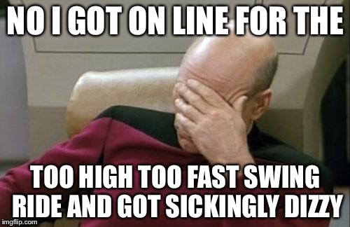 Captain Picard Facepalm Meme | NO I GOT ON LINE FOR THE TOO HIGH TOO FAST SWING RIDE AND GOT SICKINGLY DIZZY | image tagged in memes,captain picard facepalm | made w/ Imgflip meme maker