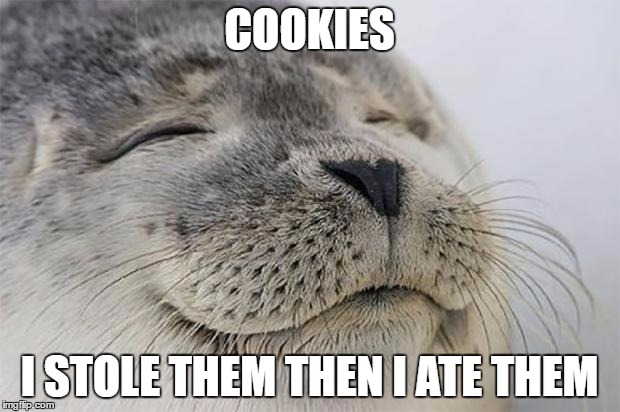 Satisfied Seal Meme |  COOKIES; I STOLE THEM THEN I ATE THEM | image tagged in memes,satisfied seal | made w/ Imgflip meme maker