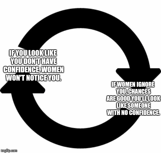 And on and on... | IF YOU LOOK LIKE YOU DON'T HAVE CONFIDENCE, WOMEN WON'T NOTICE YOU. IF WOMEN IGNORE YOU, CHANCES ARE GOOD YOU'LL LOOK LIKE SOMEONE WITH NO CONFIDENCE. | image tagged in circular logic,memes | made w/ Imgflip meme maker