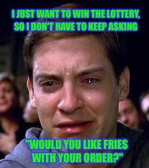A millennial's long term financial plan        | I JUST WANT TO WIN THE LOTTERY, SO I DON'T HAVE TO KEEP ASKING; "WOULD YOU LIKE FRIES WITH YOUR ORDER?" | image tagged in peter parker crying,memes,burgers,fast food worker | made w/ Imgflip meme maker