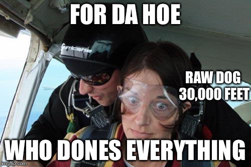 Skydiving No Parachute | FOR DA HOE; RAW DOG 30,000 FEET; WHO DONES EVERYTHING | image tagged in skydiving no parachute | made w/ Imgflip meme maker