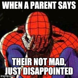 Sad Spiderman Meme | WHEN A PARENT SAYS; THEIR NOT MAD, JUST DISAPPOINTED | image tagged in memes,sad spiderman,spiderman | made w/ Imgflip meme maker