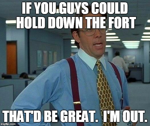 That Would Be Great | IF YOU GUYS COULD HOLD DOWN THE FORT; THAT'D BE GREAT.  I'M OUT. | image tagged in memes,that would be great | made w/ Imgflip meme maker