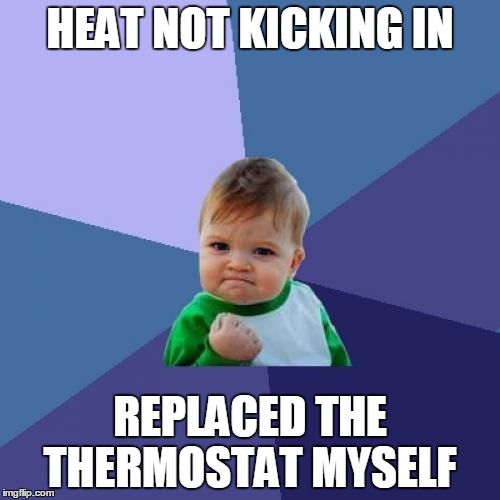 Thermostat Kid | HEAT NOT KICKING IN; REPLACED THE THERMOSTAT MYSELF | image tagged in memes,success kid | made w/ Imgflip meme maker
