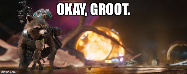 Rocket, 2017 Dad of the Year | OKAY, GROOT. | image tagged in dad of the year,rocket raccoon,groot | made w/ Imgflip meme maker