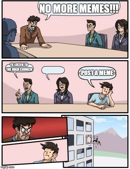 Boardroom Meeting Suggestion | NO MORE MEMES!!! YA LISTEN TO THE HIGH COUNCIL; -POST A MEME- | image tagged in memes,boardroom meeting suggestion | made w/ Imgflip meme maker