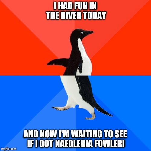 Socially Awesome Awkward Penguin Meme | I HAD FUN IN THE RIVER TODAY; AND NOW I'M WAITING TO SEE IF I GOT NAEGLERIA FOWLERI | image tagged in memes,socially awesome awkward penguin | made w/ Imgflip meme maker