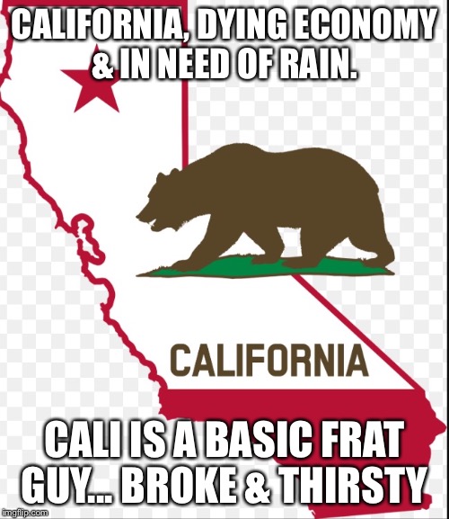 CALIFORNIA, DYING ECONOMY & IN NEED OF RAIN. CALI IS A BASIC FRAT GUY... BROKE & THIRSTY | image tagged in california,economy,fratboys | made w/ Imgflip meme maker