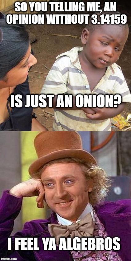 That Math Problem. | SO YOU TELLING ME, AN OPINION WITHOUT 3.14159; IS JUST AN ONION? I FEEL YA ALGEBROS | image tagged in funny memes,creepy condescending wonka,third world skeptical kid,math | made w/ Imgflip meme maker