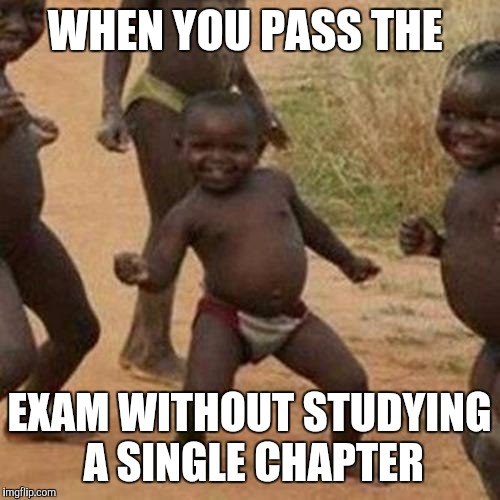 Third World Success Kid | WHEN YOU PASS THE; EXAM WITHOUT STUDYING A SINGLE CHAPTER | image tagged in memes,third world success kid | made w/ Imgflip meme maker