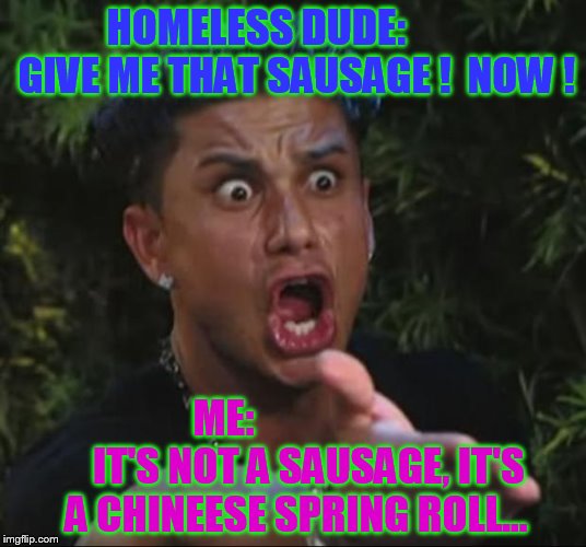 Gave it away, but still don't know if robbed or helpfull!  | HOMELESS DUDE:          GIVE ME THAT SAUSAGE !  NOW ! ME:                     IT'S NOT A SAUSAGE, IT'S A CHINEESE SPRING ROLL... | image tagged in memes,dj pauly d | made w/ Imgflip meme maker