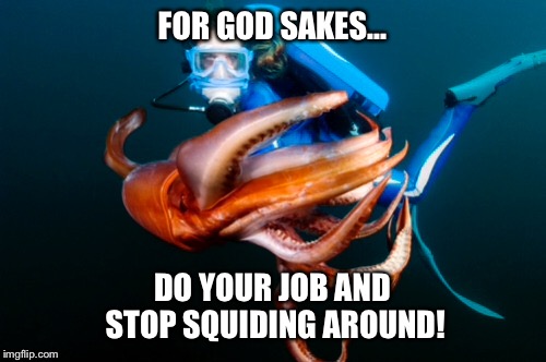 Squiding around  | FOR GOD SAKES... DO YOUR JOB AND STOP SQUIDING AROUND! | image tagged in memes,funny,funny memes,puns | made w/ Imgflip meme maker