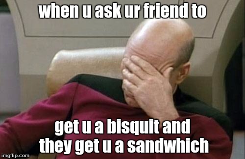Captain Picard Facepalm | when u ask ur friend to; get u a bisquit and they get u a sandwhich | image tagged in memes,captain picard facepalm | made w/ Imgflip meme maker