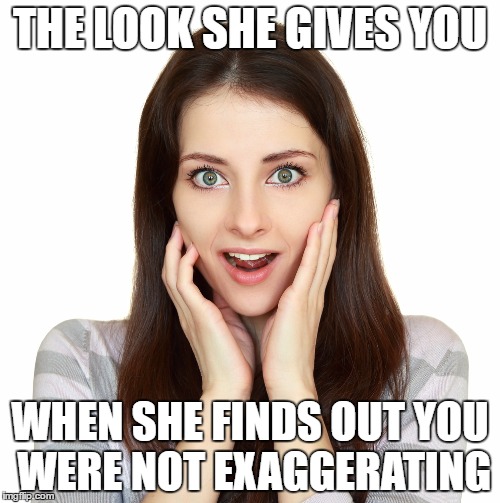 suprised girl | THE LOOK SHE GIVES YOU; WHEN SHE FINDS OUT YOU WERE NOT EXAGGERATING | image tagged in suprised girl | made w/ Imgflip meme maker