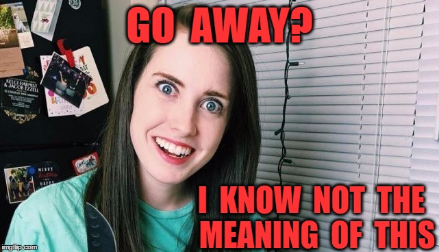 GO  AWAY? I  KNOW  NOT  THE  MEANING  OF  THIS | image tagged in overly attached girlfriend | made w/ Imgflip meme maker
