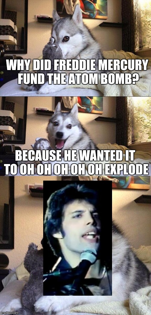 Bad Pun Dog Meme | WHY DID FREDDIE MERCURY FUND THE ATOM BOMB? BECAUSE HE WANTED IT TO OH OH OH OH OH EXPLODE | image tagged in memes,bad pun dog | made w/ Imgflip meme maker