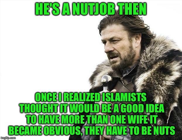 Brace Yourselves X is Coming Meme | HE'S A NUTJOB THEN ONCE I REALIZED ISLAMISTS THOUGHT IT WOULD BE A GOOD IDEA TO HAVE MORE THAN ONE WIFE IT BECAME OBVIOUS, THEY HAVE TO BE N | image tagged in memes,brace yourselves x is coming | made w/ Imgflip meme maker