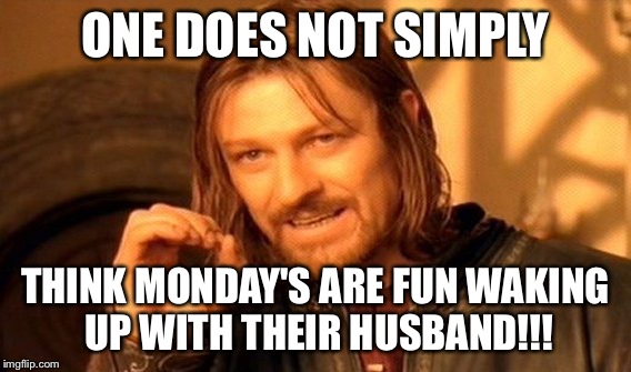 One Does Not Simply Meme | ONE DOES NOT SIMPLY; THINK MONDAY'S ARE FUN WAKING UP WITH THEIR HUSBAND!!! | image tagged in memes,one does not simply | made w/ Imgflip meme maker