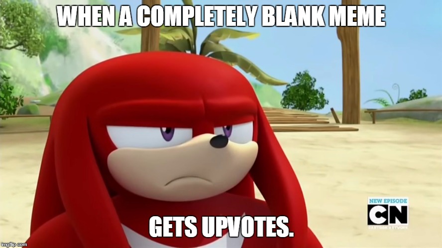 Dang it. | WHEN A COMPLETELY BLANK MEME; GETS UPVOTES. | image tagged in knuckles is not impressed - sonic boom | made w/ Imgflip meme maker
