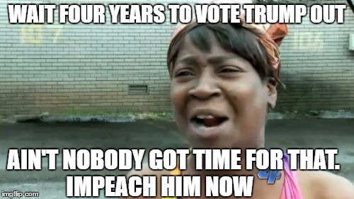 Ain't Nobody Got Time For That | WAIT FOUR YEARS TO VOTE TRUMP OUT; AIN'T NOBODY GOT TIME FOR THAT.      IMPEACH HIM NOW | image tagged in memes,aint nobody got time for that | made w/ Imgflip meme maker