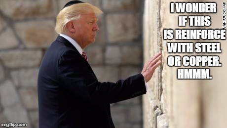 West Wall Trump | I WONDER IF THIS IS REINFORCE WITH STEEL OR COPPER. HMMM. | image tagged in trump,ass | made w/ Imgflip meme maker