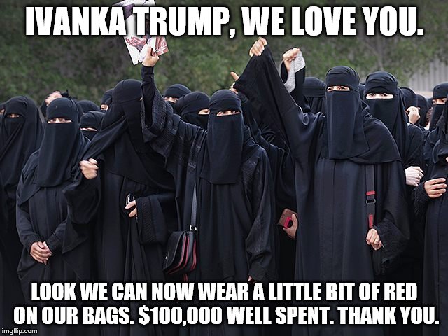 IVANKA TRUMP, WE LOVE YOU. LOOK WE CAN NOW WEAR A LITTLE BIT OF RED ON OUR BAGS. $100,000 WELL SPENT. THANK YOU. | image tagged in ivank trump the hero | made w/ Imgflip meme maker
