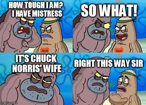 How Tough Are You | SO WHAT! HOW TOUGH I AM? 
I HAVE MISTRESS; IT'S CHUCK NORRIS' WIFE; RIGHT THIS WAY SIR | image tagged in memes,how tough are you | made w/ Imgflip meme maker