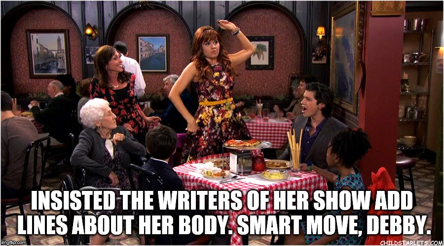 Jessie at a Restaurant  |  INSISTED THE WRITERS OF HER SHOW ADD LINES ABOUT HER BODY. SMART MOVE, DEBBY. | image tagged in debby ryan,jessie,rush to marriage,she's too sexy for disney,the caption is my own speculation | made w/ Imgflip meme maker