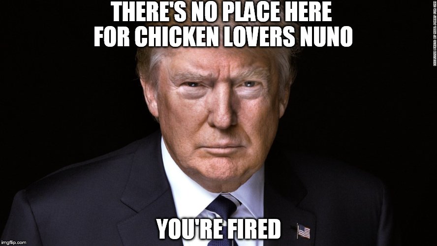 THERE'S NO PLACE HERE FOR CHICKEN LOVERS
NUNO; YOU'RE FIRED | made w/ Imgflip meme maker