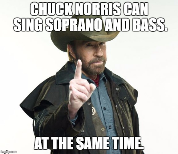 Soprano is usually the highest part you can sing, and bass is the lowest. | CHUCK NORRIS CAN SING SOPRANO AND BASS. AT THE SAME TIME. | image tagged in memes,chuck norris finger,chuck norris,singing,funny | made w/ Imgflip meme maker