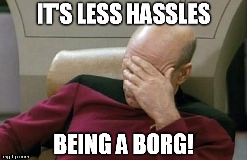 Captain Picard Facepalm | IT'S LESS HASSLES; BEING A BORG! | image tagged in memes,captain picard facepalm | made w/ Imgflip meme maker